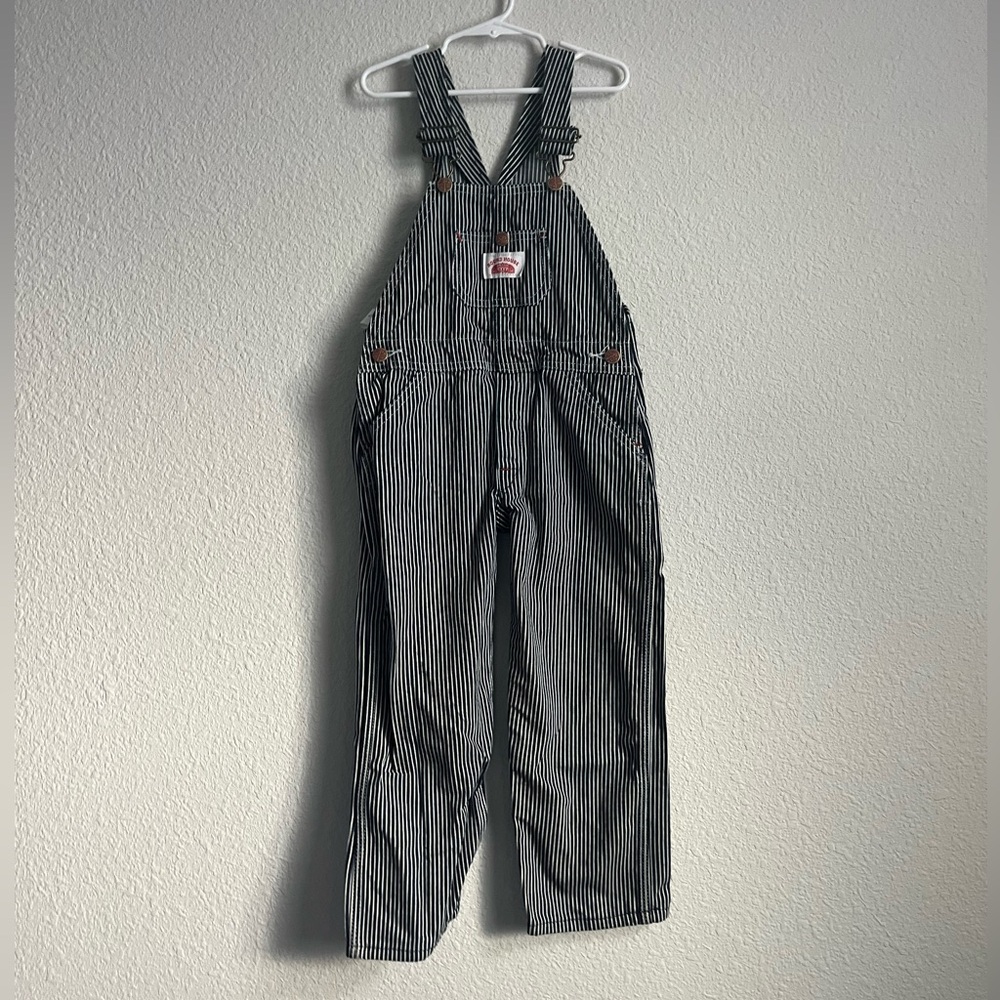 ROUND HOUSE BRAND Boys Youth Size 5 Denim OVERALLS Striped Conductor USA